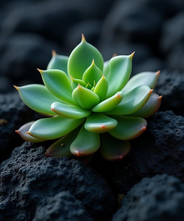 Dettaglio di una pianta succulenta che cresce su roccia lavica