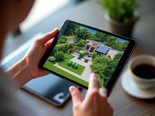 Rendering 3D di un progetto di giardino su un tablet